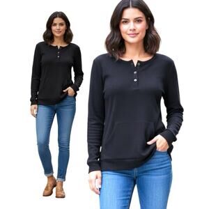 Molerani Black Long Sleeve Knit Kangeroo Pocket Henley Top Size L